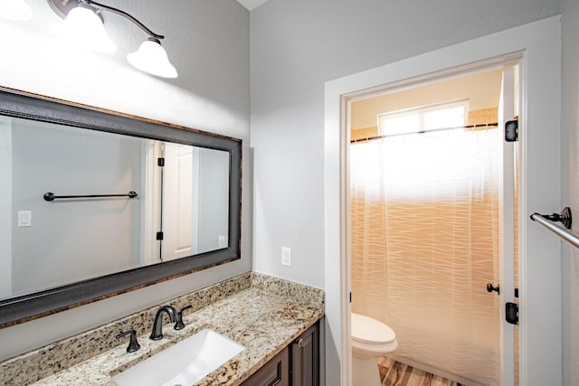 121 Grassy Ln, Elgin, TX 78621 - full bathroom with vanity, a shower with shower curtain, and wood finished floors