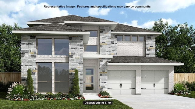 view of front of house featuring fence, stone siding, driveway, and brick siding