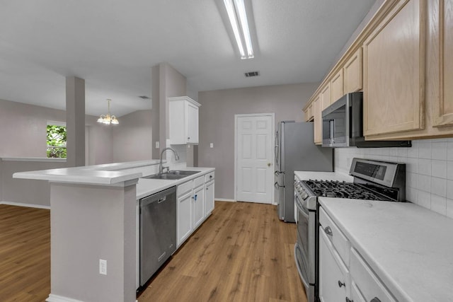 906 Mammoth Ct, Round Rock, TX 78681 - kitchen with appliances with stainless steel finishes, a sink, light wood-style floors, tasteful backsplash, and light countertops