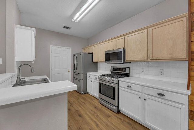 906 Mammoth Ct, Round Rock, TX 78681 - kitchen with appliances with stainless steel finishes, a sink, decorative backsplash, and light countertops