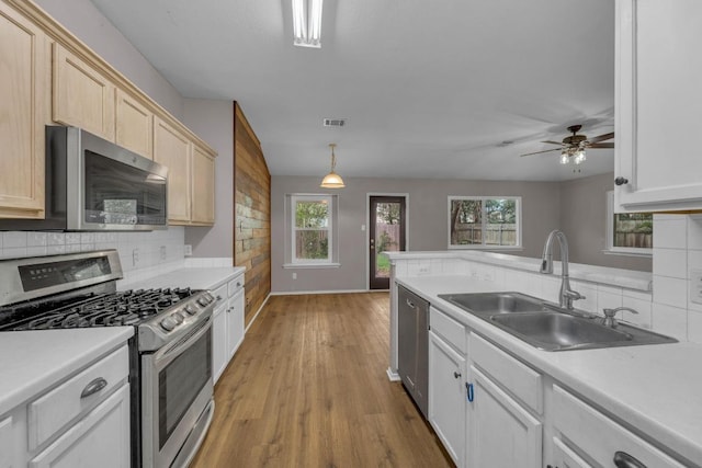 906 Mammoth Ct, Round Rock, TX 78681 - kitchen with appliances with stainless steel finishes, a sink, backsplash, and light countertops