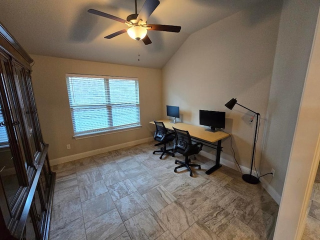 539 Tanda Ln, Hutto, TX 78634 - office space with lofted ceiling, a ceiling fan, and baseboards