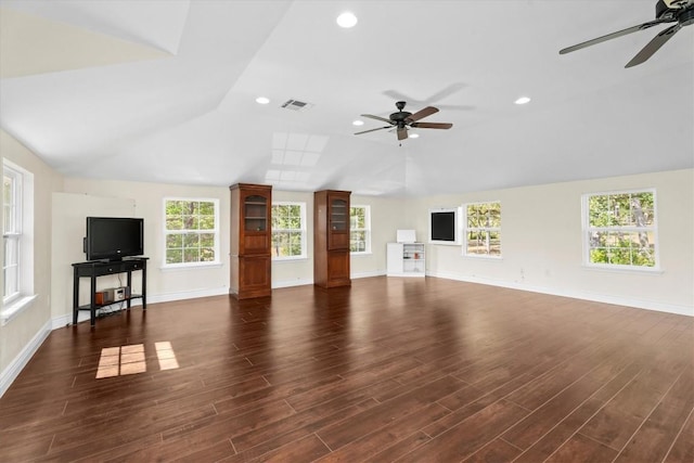 1016 High Hill Creek Rd, La Grange, TX 78945 - unfurnished living room featuring ceiling fan, vaulted ceiling, baseboards, wood finished floors, and plenty of natural light