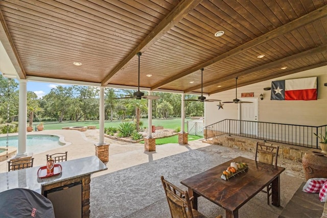 1016 High Hill Creek Rd, La Grange, TX 78945 - view of patio / terrace featuring a ceiling fan, outdoor dining space, and an outdoor pool