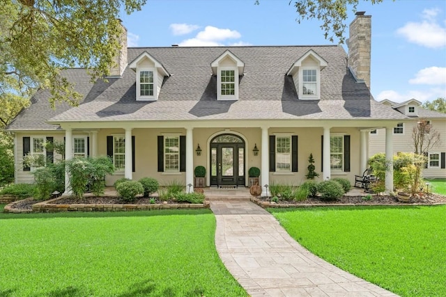 1016 High Hill Creek Rd, La Grange, TX 78945 - view of front facade with a chimney, a porch, a front lawn, stucco siding, and a shingled roof