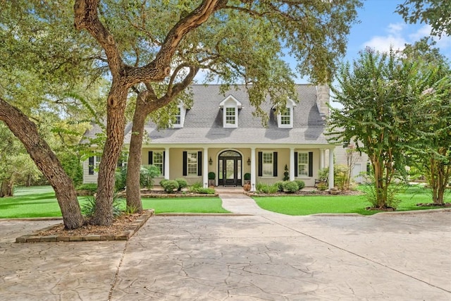 1016 High Hill Creek Rd, La Grange, TX 78945 - cape cod home featuring a front lawn, stucco siding, a shingled roof, and covered porch