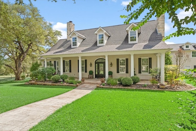 1016 High Hill Creek Rd, La Grange, TX 78945 - cape cod house featuring a chimney, stucco siding, a front lawn, covered porch, and a shingled roof