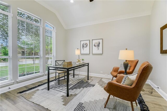 4933 China Garden Dr, Austin, TX 78730 - office space with vaulted ceiling, ornamental molding, baseboards, and wood finished floors