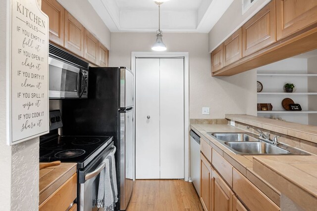 kitchen featuring stainless steel appliances, a sink, a raised ceiling, and light countertops