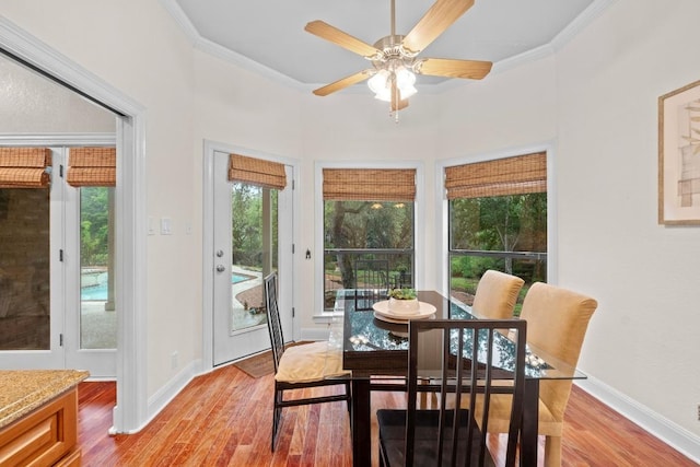 8900 Bell Mountain Dr, Austin, TX 78730 - dining room featuring healthy amount of natural light, light wood-type flooring, crown molding, and ceiling fan