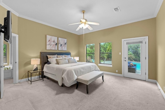 8900 Bell Mountain Dr, Austin, TX 78730 - bedroom featuring light carpet, access to outside, crown molding, and ceiling fan