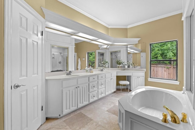 8900 Bell Mountain Dr, Austin, TX 78730 - bathroom with double vanity, healthy amount of natural light, a garden tub, ornamental molding, and an enclosed shower