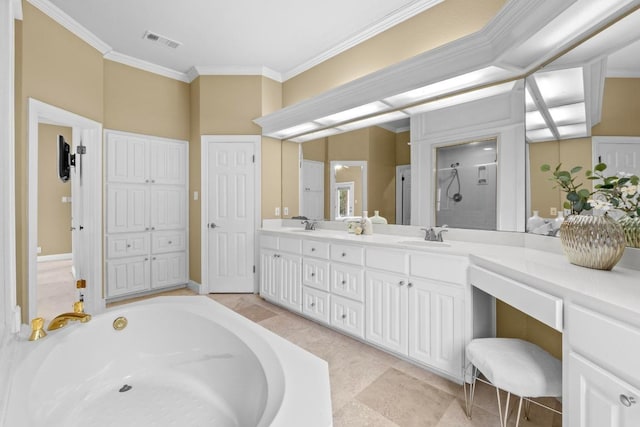 8900 Bell Mountain Dr, Austin, TX 78730 - bathroom featuring a stall shower, double vanity, ornamental molding, and a bath