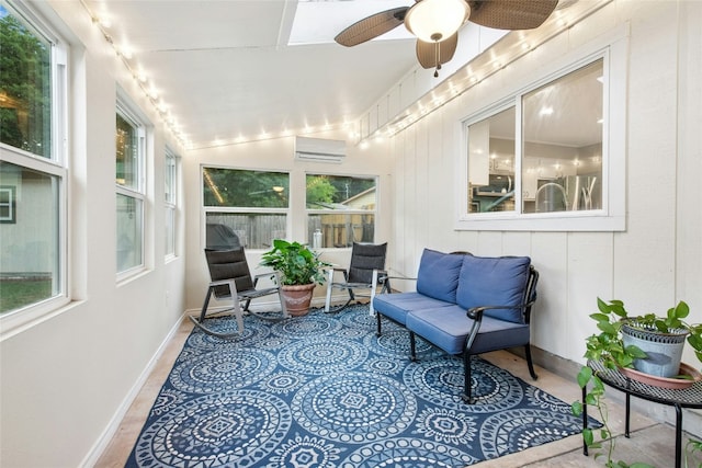 2627 Oak Meadow Dr, Round Rock, TX 78681 - sunroom / solarium with ceiling fan, outdoor lounge area, a wall unit AC, vaulted ceiling, and a skylight
