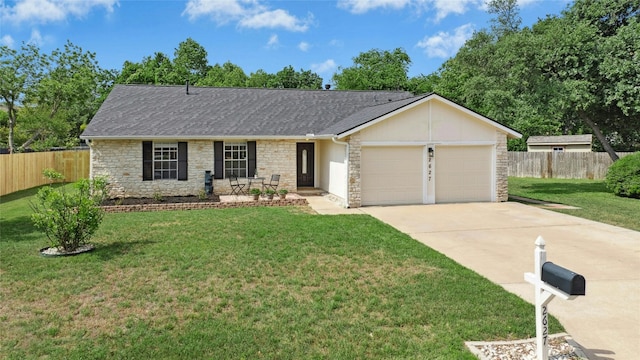 2627 Oak Meadow Dr, Round Rock, TX 78681 - ranch-style house with stone siding, a garage, concrete driveway, and roof with shingles