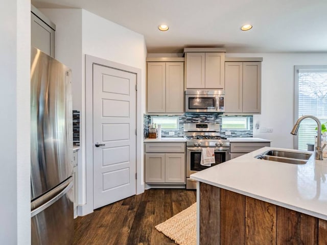 604 Allen St Unit 103, Austin, TX 78702 - kitchen featuring appliances with stainless steel finishes, a sink, gray cabinets, light countertops, and recessed lighting