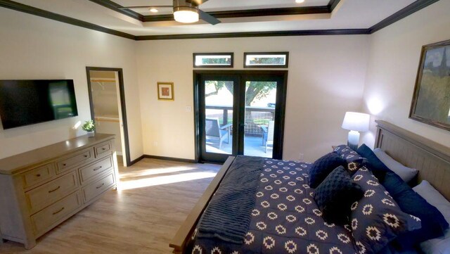 bedroom featuring crown molding, access to outside, light wood-style floors, and baseboards