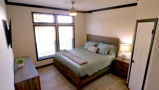 bedroom with light wood-style flooring, multiple windows, ornamental molding, and baseboards