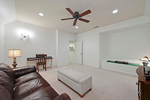 living room featuring light carpet, ceiling fan, recessed lighting, vaulted ceiling, and baseboards