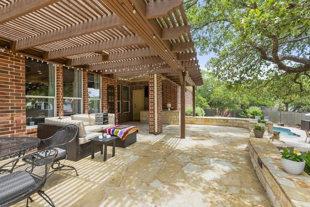 view of patio featuring a fenced backyard, a pergola, and an outdoor hangout area