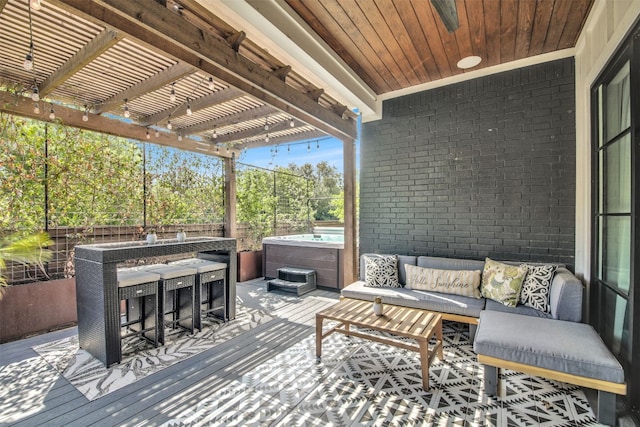 1506 Fox Sparrow Trl, Cedar Park, TX 78613 - wooden deck with a hot tub, an outdoor hangout area, a fenced backyard, and a pergola