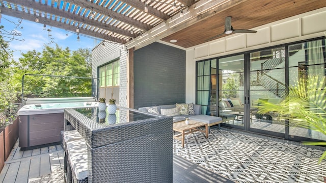 1506 Fox Sparrow Trl, Cedar Park, TX 78613 - wooden terrace with a hot tub, a pergola, and ceiling fan