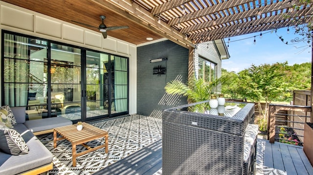 1506 Fox Sparrow Trl, Cedar Park, TX 78613 - wooden deck featuring a pergola, ceiling fan, and an outdoor hangout area