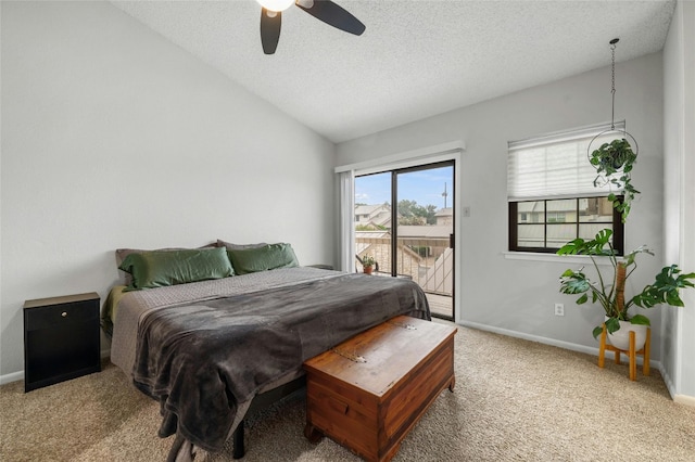 carpeted bedroom with access to exterior, a textured ceiling, a ceiling fan, baseboards, and lofted ceiling