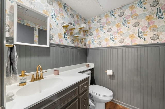 bathroom with toilet, vanity, and wood finished floors