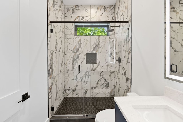 4407 Merle Dr Unit A, Austin, TX 78745 - bathroom featuring toilet, a marble finish shower, and vanity