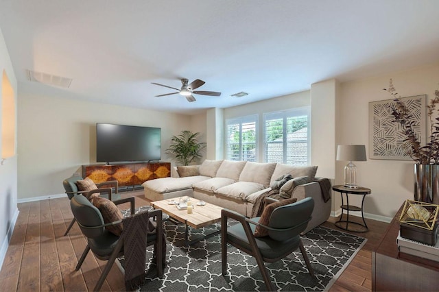 409 S Frontier Ln, Cedar Park, TX 78613 - living room featuring ceiling fan, baseboards, and wood finished floors