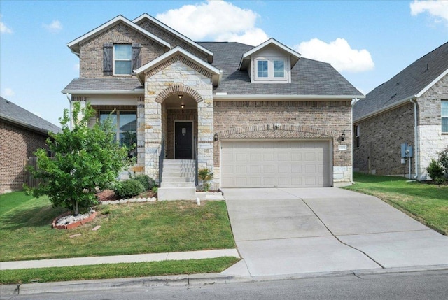view of front of property featuring a front lawn, driveway, stone siding, and brick siding