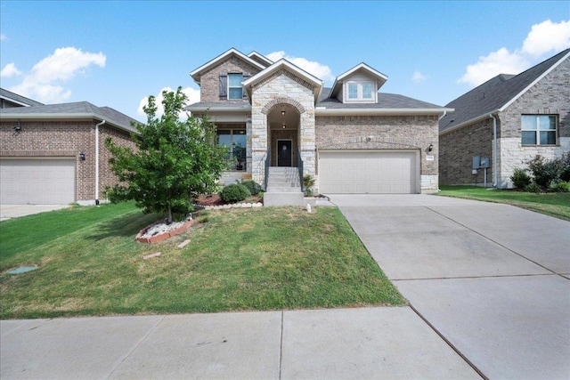 view of front facade with stone siding, concrete driveway, a front yard, and a garage
