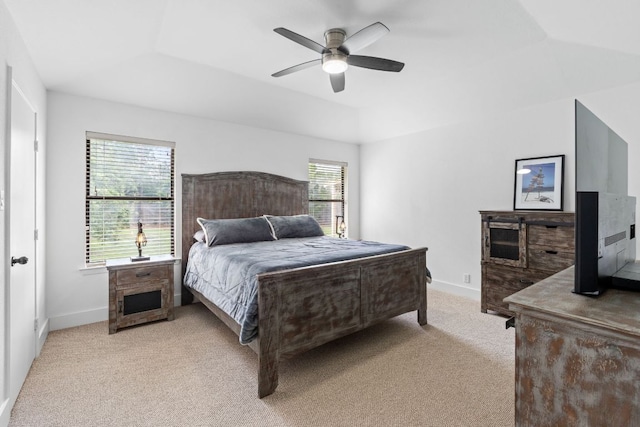 3305 Eldorado Trl, Austin, TX 78748 - bedroom featuring light carpet, baseboards, ceiling fan, and vaulted ceiling
