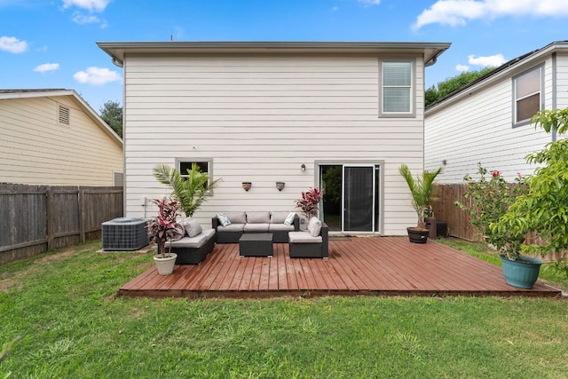 rear view of property with an outdoor hangout area, central AC, and a wooden deck
