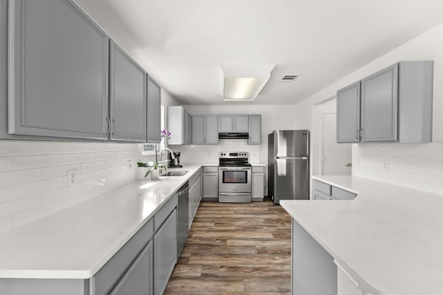 kitchen featuring appliances with stainless steel finishes, gray cabinets, a sink, and tasteful backsplash