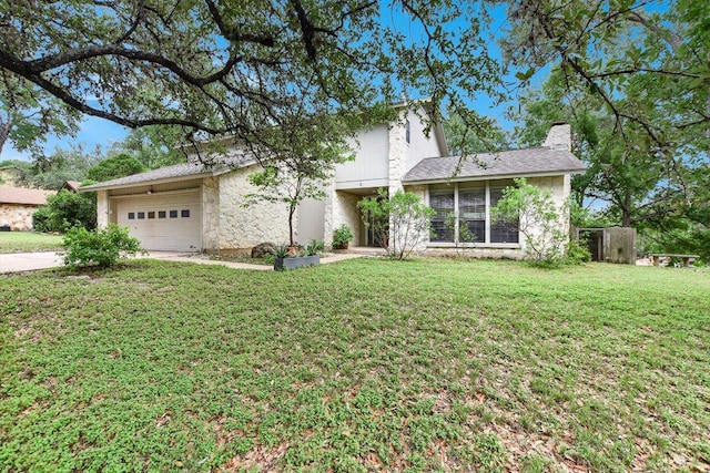 3409 Sanderling Trl, Austin, TX 78746 - view of front of property with an attached garage, a chimney, a front yard, and driveway
