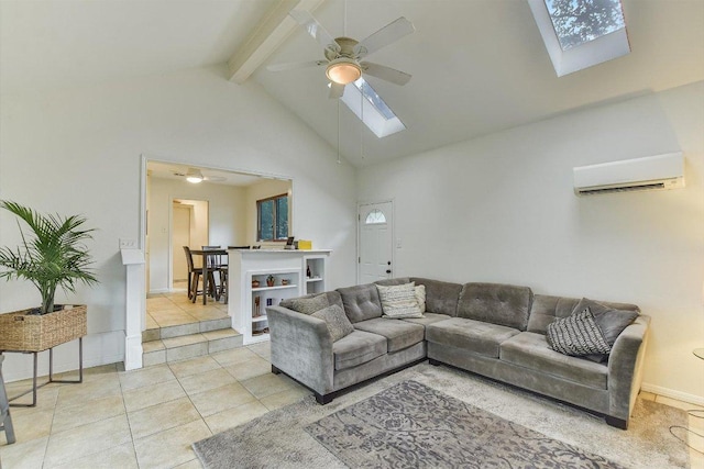 3409 Sanderling Trl, Austin, TX 78746 - living room with a skylight, ceiling fan, beamed ceiling, an AC wall unit, and light tile patterned floors