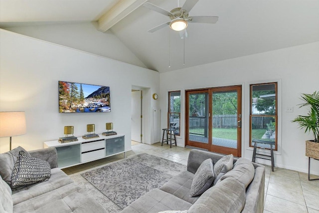 3409 Sanderling Trl, Austin, TX 78746 - living room with beam ceiling, light tile patterned floors, a ceiling fan, high vaulted ceiling, and baseboards