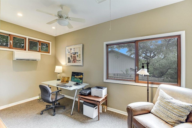 3409 Sanderling Trl, Austin, TX 78746 - carpeted office with a wall unit AC, attic access, baseboards, ceiling fan, and recessed lighting