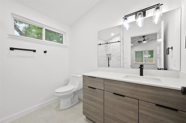 1006 Cherico St, Austin, TX 78702 - bathroom with vaulted ceiling, vanity, a shower stall, and a ceiling fan