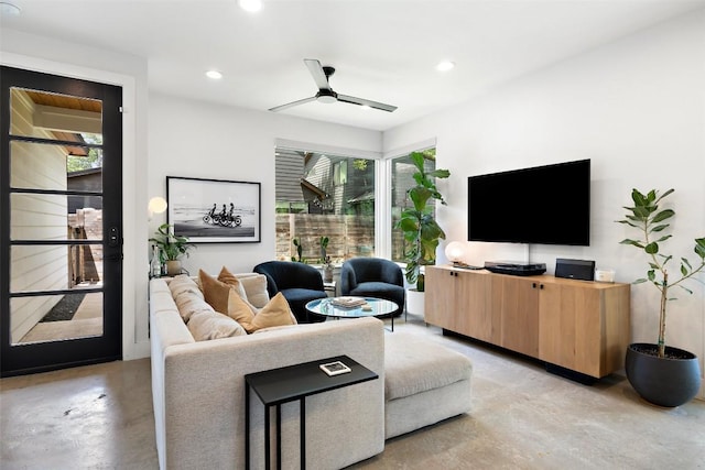 909 Mansell Ave Unit 2, Austin, TX 78702 - living area featuring concrete flooring, recessed lighting, and a ceiling fan