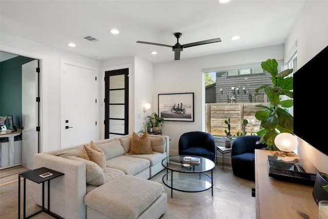 909 Mansell Ave Unit 2, Austin, TX 78702 - living area featuring ceiling fan, recessed lighting, and finished concrete flooring