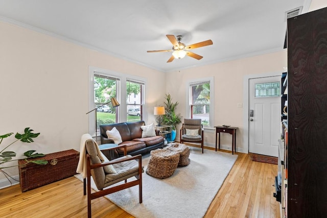 605 E 43rd St, Austin, TX 78751 - living room featuring a ceiling fan, light wood finished floors, and crown molding