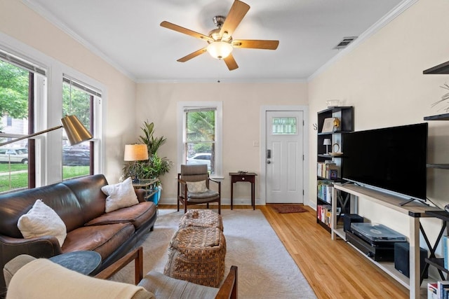605 E 43rd St, Austin, TX 78751 - living room featuring light wood finished floors, a ceiling fan, and crown molding