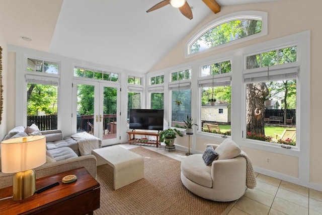 605 E 43rd St, Austin, TX 78751 - sunroom featuring french doors, tile patterned flooring, high vaulted ceiling, and beamed ceiling