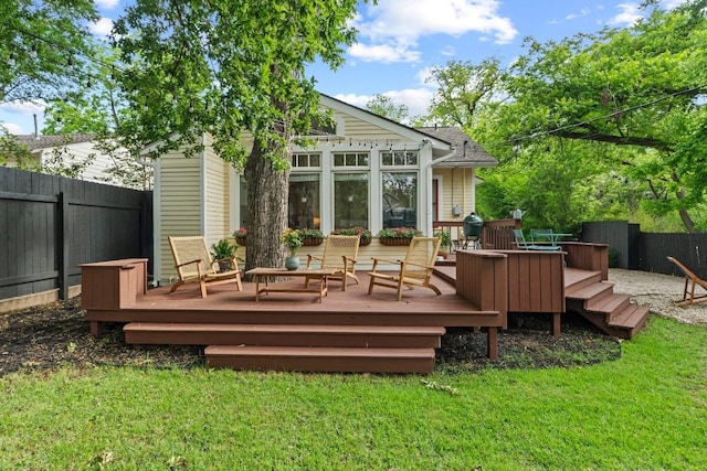 605 E 43rd St, Austin, TX 78751 - rear view of house with a fenced backyard and a wooden deck