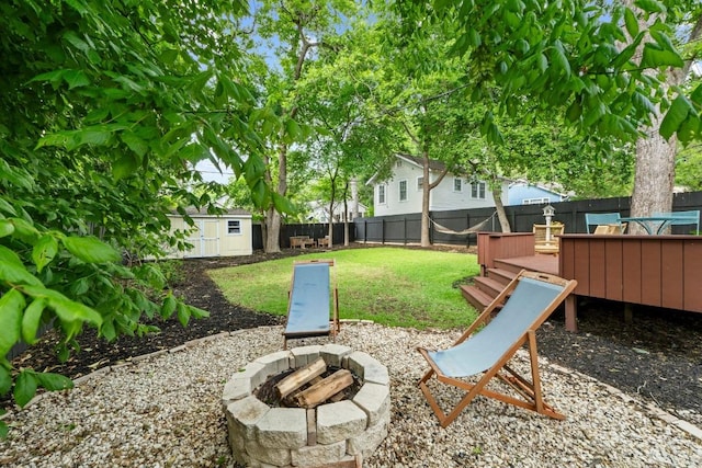 605 E 43rd St, Austin, TX 78751 - fenced backyard with a fire pit, a storage shed, and a deck
