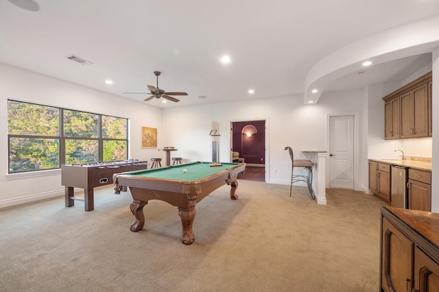 4105 Michael Neill Dr, Austin, TX 78730 - rec room with baseboards, light colored carpet, recessed lighting, pool table, and ceiling fan