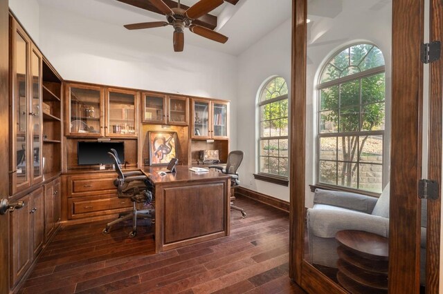 4105 Michael Neill Dr, Austin, TX 78730 - office area with dark wood-type flooring, ceiling fan, and high vaulted ceiling